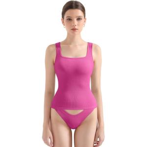 imageSUUKSESS Women Padded Cotton Ribbed Long Tank Tops Casual Summer Going Out Sleeveless Scoop Neck Basic Cami Tops07 Rose Red