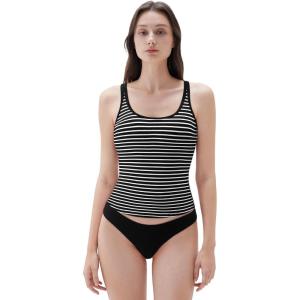 imageSUUKSESS Women Padded Cotton Ribbed Long Tank Tops Casual Summer Going Out Sleeveless Scoop Neck Basic Cami TopsBlack White Stripe