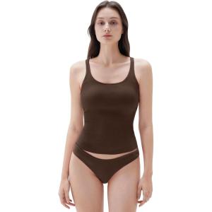 imageSUUKSESS Women Padded Cotton Ribbed Long Tank Tops Casual Summer Going Out Sleeveless Scoop Neck Basic Cami TopsBrown