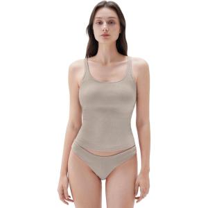 imageSUUKSESS Women Padded Cotton Ribbed Long Tank Tops Casual Summer Going Out Sleeveless Scoop Neck Basic Cami TopsKhaki