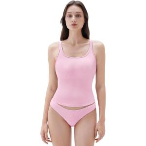 imageSUUKSESS Women Padded Cotton Ribbed Long Tank Tops Casual Summer Going Out Sleeveless Scoop Neck Basic Cami TopsLight Pink