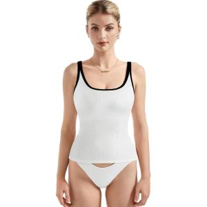 imageSUUKSESS Women Padded Cotton Ribbed Long Tank Tops Casual Summer Going Out Sleeveless Scoop Neck Basic Cami TopsWhiteblack