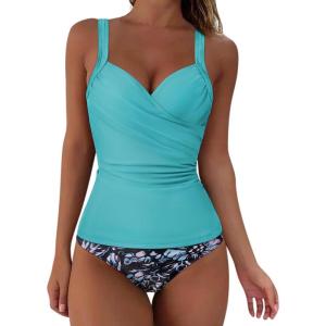 imageSUUKSESS Women Sexy Twist Push Up Tankini Swimsuit Tummy Control Bathing Suits72 Aqua Blue Floral