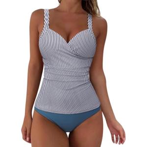 imageSUUKSESS Women Sexy Twist Push Up Tankini Swimsuit Tummy Control Bathing Suits72 Blue Striped