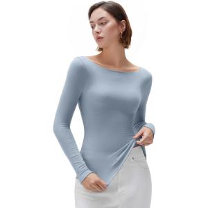 imageSUUKSESS Cloud Cashmere Women Boat Neck Fitted Long Sleeve Shirt Basic Knit TopsAsh Blue