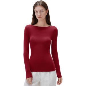 imageSUUKSESS Cloud Cashmere Women Boat Neck Fitted Long Sleeve Shirt Basic Knit TopsBurgundy