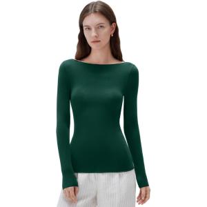 imageSUUKSESS Cloud Cashmere Women Boat Neck Fitted Long Sleeve Shirt Basic Knit TopsDark Green
