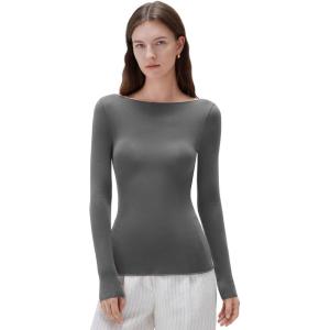 imageSUUKSESS Cloud Cashmere Women Boat Neck Fitted Long Sleeve Shirt Basic Knit TopsGray Ash