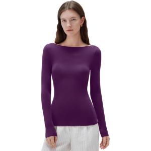 imageSUUKSESS Cloud Cashmere Women Boat Neck Fitted Long Sleeve Shirt Basic Knit TopsPlum
