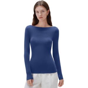 imageSUUKSESS Cloud Cashmere Women Boat Neck Fitted Long Sleeve Shirt Basic Knit TopsRoyal Blue