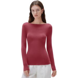 imageSUUKSESS Cloud Cashmere Women Boat Neck Fitted Long Sleeve Shirt Basic Knit TopsWatermelon Red