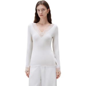 imageSUUKSESS Cloud Cashmere Women Basic Tops V Neck Boat Neck Lace Long Sleeve Shirt02white