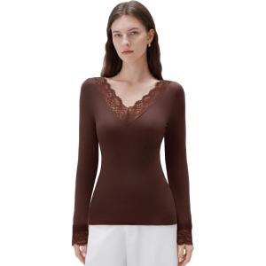 imageSUUKSESS Cloud Cashmere Women Basic Tops V Neck Boat Neck Lace Long Sleeve Shirt03deep Brown