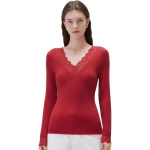 imageSUUKSESS Cloud Cashmere Women Basic Tops V Neck Boat Neck Lace Long Sleeve Shirt04red
