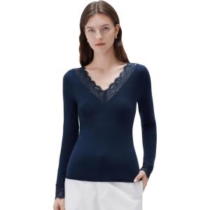 imageSUUKSESS Cloud Cashmere Women Basic Tops V Neck Boat Neck Lace Long Sleeve Shirt05navy Blue