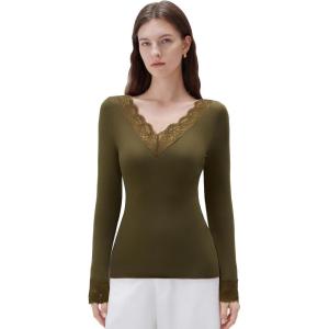 imageSUUKSESS Cloud Cashmere Women Basic Tops V Neck Boat Neck Lace Long Sleeve Shirt07army Green
