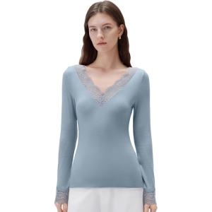 imageSUUKSESS Cloud Cashmere Women Basic Tops V Neck Boat Neck Lace Long Sleeve Shirt08washed Blue