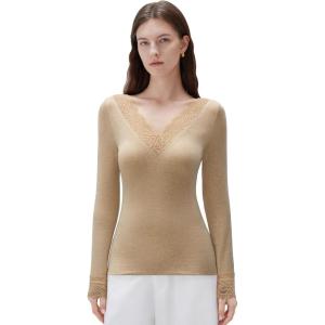 imageSUUKSESS Cloud Cashmere Women Basic Tops V Neck Boat Neck Lace Long Sleeve Shirt10khaki