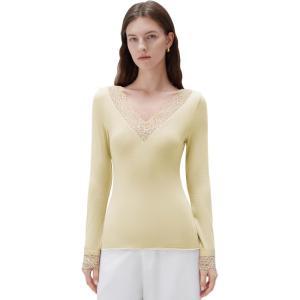 imageSUUKSESS Cloud Cashmere Women Basic Tops V Neck Boat Neck Lace Long Sleeve Shirt11yellow