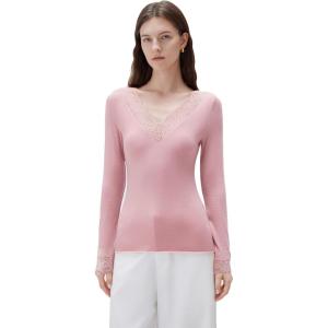 imageSUUKSESS Cloud Cashmere Women Basic Tops V Neck Boat Neck Lace Long Sleeve Shirt12pink