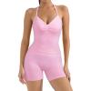imageSUUKSESS Women 2 Piece Seamless workout Sets Halter Backless Impact Longline Strappy Tank Top Sport Gym Yoga Bike ShortsPink
