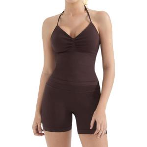 imageSUUKSESS Women 2 Piece Seamless workout Sets Halter Backless Impact Longline Strappy Tank Top Sport Gym Yoga Bike ShortsDark Brown