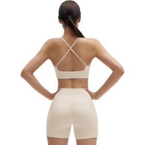 imageSUUKSESS Womens Workout Set Crew Neck Strappy Sports Bra Tank High Waist Tummy Control Bike Short OutfitApricot