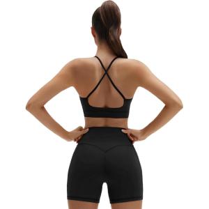imageSUUKSESS Womens Workout Set Crew Neck Strappy Sports Bra Tank High Waist Tummy Control Bike Short OutfitBlack