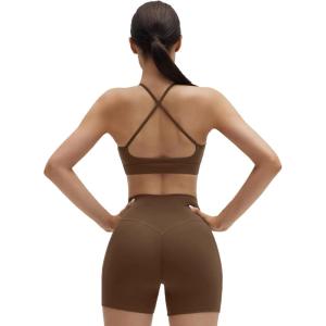 imageSUUKSESS Womens Workout Set Crew Neck Strappy Sports Bra Tank High Waist Tummy Control Bike Short OutfitDark Brown