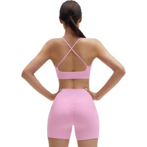 imageSUUKSESS Womens Workout Set Crew Neck Strappy Sports Bra Tank High Waist Tummy Control Bike Short OutfitPink
