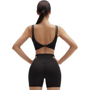 imageSUUKSESS Womens Workout Set Fitness Yoga Pilates Crop Tank Twist Back Cami High Waisted Tummy Control Bike ShortBlack