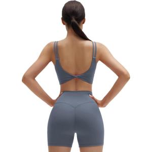 imageSUUKSESS Womens Workout Set Fitness Yoga Pilates Crop Tank Twist Back Cami High Waisted Tummy Control Bike ShortGray Blue