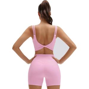 imageSUUKSESS Womens Workout Set Fitness Yoga Pilates Crop Tank Twist Back Cami High Waisted Tummy Control Bike ShortPink