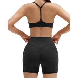 imageSUUKSESS Workout Sets for Women Y Back Sports Bras Padded Racerback Low Impact Thin Strap Top Biker Shorts with PocketsBlack
