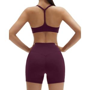 imageSUUKSESS Workout Sets for Women Y Back Sports Bras Padded Racerback Low Impact Thin Strap Top Biker Shorts with PocketsMaroon
