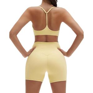 imageSUUKSESS Workout Sets for Women Y Back Sports Bras Padded Racerback Low Impact Thin Strap Top Biker Shorts with PocketsPale Yellow