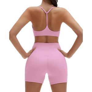 imageSUUKSESS Workout Sets for Women Y Back Sports Bras Padded Racerback Low Impact Thin Strap Top Biker Shorts with PocketsPink