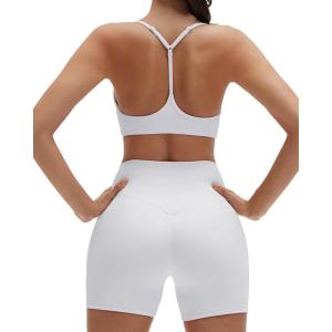 imageSUUKSESS Workout Sets for Women Y Back Sports Bras Padded Racerback Low Impact Thin Strap Top Biker Shorts with PocketsWhite