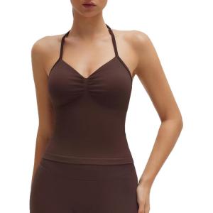 imageSUUKSESS Impact Longline Strappy Top Halter Workout Top for Women Padded Backless Sport Gym Tank with Adjustable StrapDark Brown