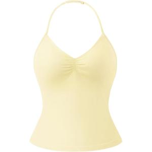 imageSUUKSESS Impact Longline Strappy Top Halter Workout Top for Women Padded Backless Sport Gym Tank with Adjustable StrapPale Yellow