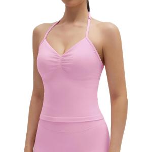 imageSUUKSESS Impact Longline Strappy Top Halter Workout Top for Women Padded Backless Sport Gym Tank with Adjustable StrapPink