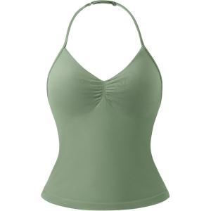 imageSUUKSESS Impact Longline Strappy Top Halter Workout Top for Women Padded Backless Sport Gym Tank with Adjustable StrapSage Green