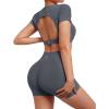imageSUUKSESS Open Back Short Sleeve Scrunch Butt Booty Shorts Seamless Ribbed Workout Sets 2 Piece Outfits1 Dark Grey