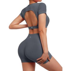 imageSUUKSESS Open Back Short Sleeve Scrunch Butt Booty Shorts Seamless Ribbed Workout Sets 2 Piece Outfits1 Dark Grey