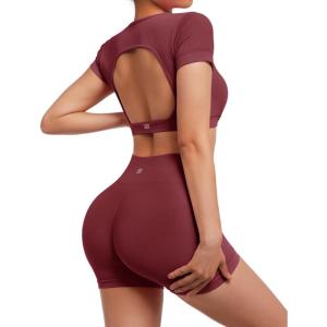 imageSUUKSESS Open Back Short Sleeve Scrunch Butt Booty Shorts Seamless Ribbed Workout Sets 2 Piece Outfits1 Wine Red