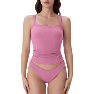 imageSUUKSESS Women Cotton Rib Padded Tank Tops Sleeveless Spaghetti Strap Square Neck Tops Summer Camisole Going Out Shirts05 Pink