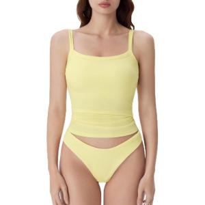 imageSUUKSESS Women Cotton Rib Padded Tank Tops Sleeveless Spaghetti Strap Square Neck Tops Summer Camisole Going Out Shirts06 Yellow