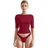 imageSUUKSESS Women Double Lined Half Sleeve Boat Neck Tops Tight Fitted ShirtsWine Red