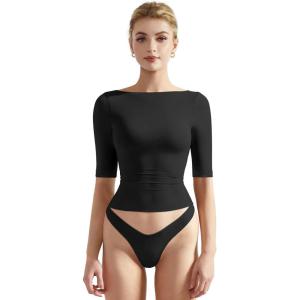 imageSUUKSESS Women Double Lined Half Sleeve Boat Neck Tops Tight Fitted ShirtsBlack