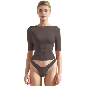 imageSUUKSESS Women Double Lined Half Sleeve Boat Neck Tops Tight Fitted ShirtsBrown